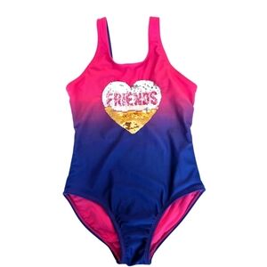 Cat & Jack Girls  Pink and Blue Swimsuit Sequin Heart Size 7-8